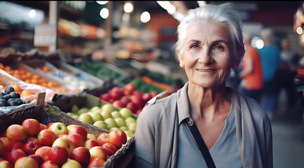 Obraz premium Aged woman choosing fruits and vegetables at street market. Healthy eating, nutritions, organic food concept illustration made with generative AI