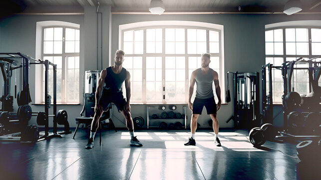 Two young Men having a training session in sport club. Healthy life style concept Illustration made with AI generative