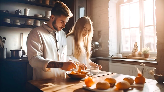Happy young couple cooking on kitchen, surrounded by fresh fruits and vegetables. Healthy eating, organic food, nutritions concept illustration made with generative AI