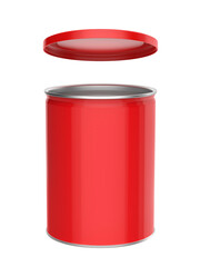 Shiny red metal can with plastic lid on transparent background