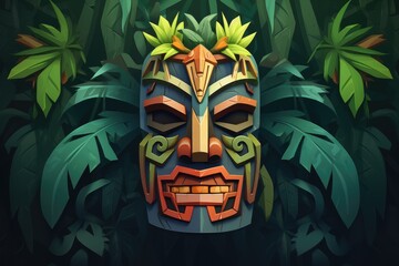 Tropical tiki mask, mystical symbol of the enigmatic lost tribe in the jungle. Generative Ai.