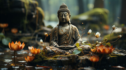seated buddha statue in the forest