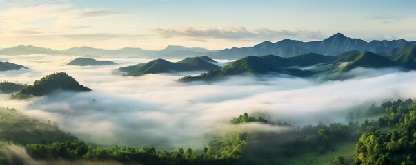 Fototapeta na wymiar Foggy landscape in the jungle. Fog and cloud mountain tropic valley landscape. aerial view, wide misty panorama | Generative AI