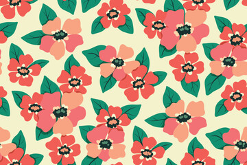 Seamless floral pattern, gentle ditsy print with simple hand drawn flowers. Cute botanical design for fabric, paper: small pink daisy flowers, leaves on a light background. Vector illustration.