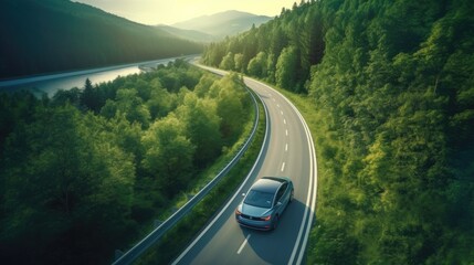 Aerial view of Modern Electric car and EV electrical energy for environment, EV car on forest road, Ecosystem ecology healthy environment. Generative Ai