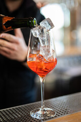 the bartender prepares a beautiful alcoholic cocktail at the bar counter