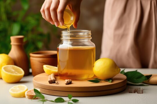 Unrecognizable woman adding mint to lemon tea, AI Generated