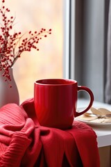 Fototapeta na wymiar Cup of hot tea on window, red plaid and curtain , rain outside. AI Generated