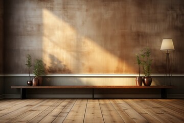 Mur vide marron et sol en bois avec un reflet intéressant provenant de la fenêtre. Intérieur chaleureux, ia générative