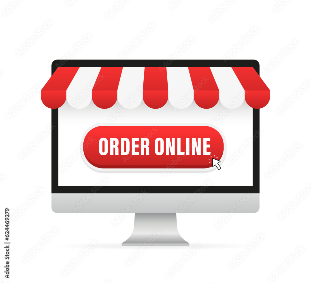 Poster order online red button on the сomputer screen with awning. isolated on white background. flat desig