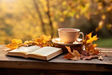 Cup of hot tea and book in the park, autumn leaves , AI Generated - obrazy, fototapety, plakaty
