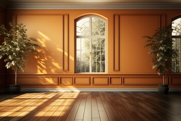 Fototapeta premium Mur vide marron et sol en bois avec un reflet intéressant provenant de la fenêtre. Intérieur chaleureux, ia générative