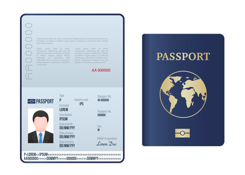Blank open passport template. Foreign passport with a sample of personal data. Document for travel and immigration. Passport pages with sample data, photograph and signature. Vector illustration