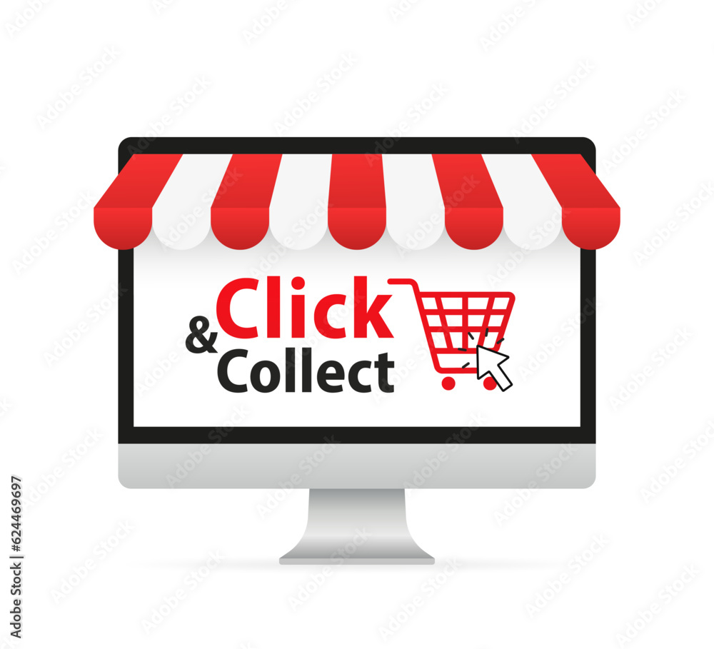 Poster click collect. the mouse cursor clicks on the button. internet online shopping concept on the сomput