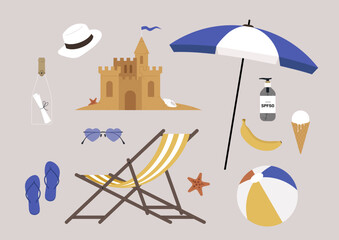 A set of beach summer objects, a sand castle, a striped deck chair, a pair of flip flops, a bottle of SPF filter cream, a banana, a scoop of melting ice cream, a hat, an umbrella, an inflatable ball