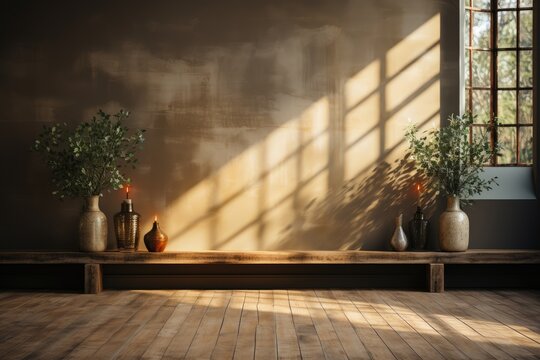 Mur vide marron et sol en bois avec un reflet intéressant provenant de la fenêtre. Intérieur chaleureux, ia générative