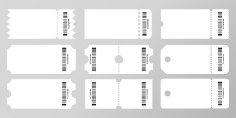 Blank ticket mockup. White tickets with barcodes, empty coupon and admit one ticket template vector set. Vouchers with tear off elements. Qr codes, identification. Control pass. Vector illustration