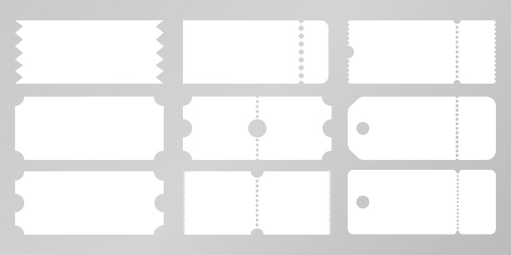 Blank or empty ticket template set. Cinema, theater, concert and boarding tickets. Discount and sales coupons. Isolated on transparent background. Vector illustrationPrint