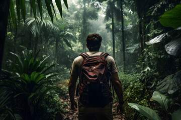 Explorer Trekking through a Dense Jungle