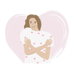 Self love concept
Young woman hugging herself  happy, positive and smiling on a pink background. Self love and self care. Love yourself. Love your body concept. Hand drawing style. Vector illustration