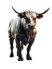 Gold bull sculpture. Sculpted casting depicting a bull in dramatic contrasting