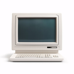 Close up of old computer monitor isolated on white background. Retro wave old personal computer PC. Nostalgia concept.