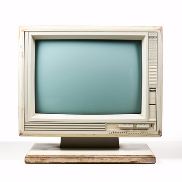 Close up of old computer monitor isolated on white background. Retro wave old personal computer PC. Nostalgia concept.