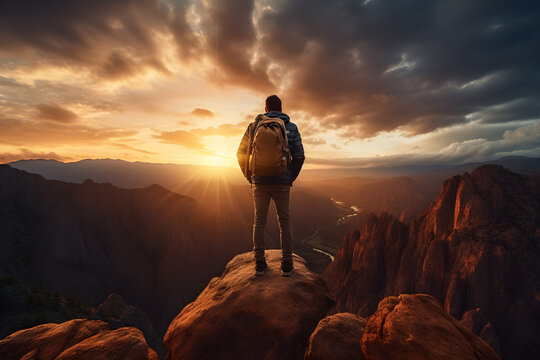 Traveler with a Backpack Standing on a Cliff