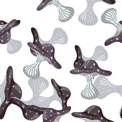 Hand drawn psychedelic mushrooms seamless pattern. Magical fly agaric wallpaper.