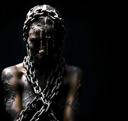 Fashion social Concept. Stunning beautiful woman locked bound in chains. illuminated with dynamic composition and dramatic lighting. sensual, mysterious, advertisement, magazine