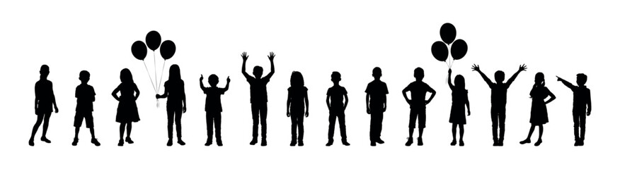 Kids standing in row various poses looking toward camera black silhouette set.