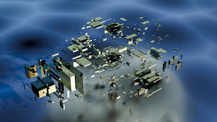 Rendering of scattered 3D pieces, revealing intricate details, vibrant colors and contrasting elements. Perfect for diverse design projects.