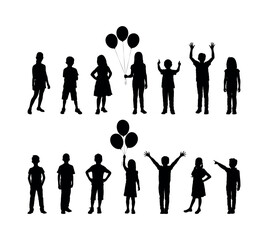 Group of kids standing in row black silhouette set.