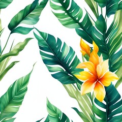 Naklejka na ściany i meble Watercolor Tropical flower plant background seamless patterns generative ai