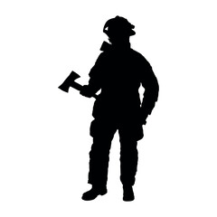 Firefighter standing with an axe vector silhouette.