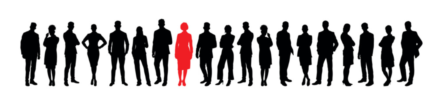 Businesswoman in red silhouette standing among group of business people in black silhouettes.