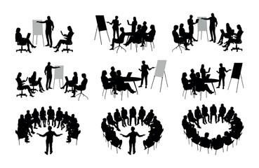 Business people meeting vector black silhouettes set collection.