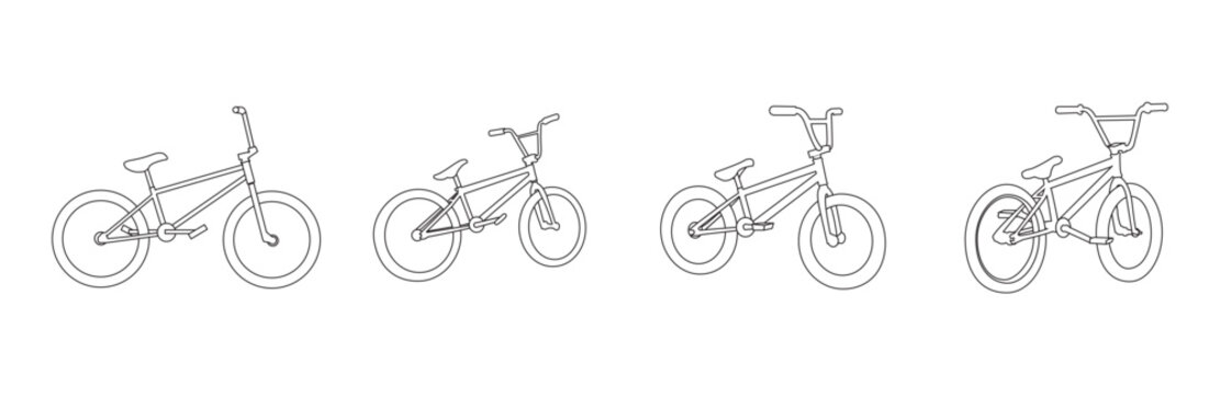 Freestyle bicycle types vector linear set. Outline symbols pack. Collection of simple bicycle types isolated contour illustrations. bmx,