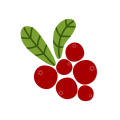 Autumn red wild berries cranberry with green leaves. Cartoon vector illustration on white background