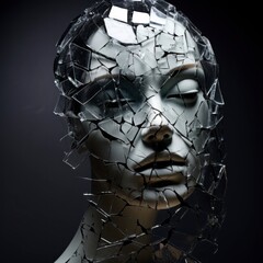 broken glass abstract sculpture of a female face