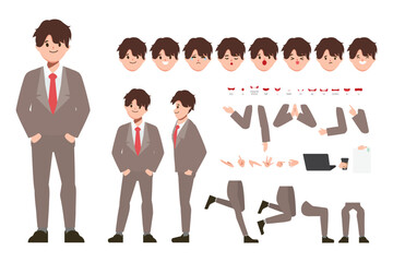 Cartoon character with businessman in casual wear for animation. Front, side, behaviour character. Separate parts of body. Flat vector illustration.