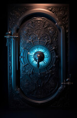 fantasy black  door with ornaments in blue light