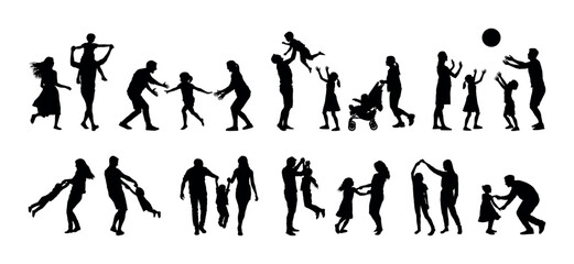 Parents playing with their kids children outdoors  silhouette set.