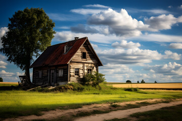 Obraz premium Rustic Charm. Old Wooden Farmhouse in a Picturesque Countryside