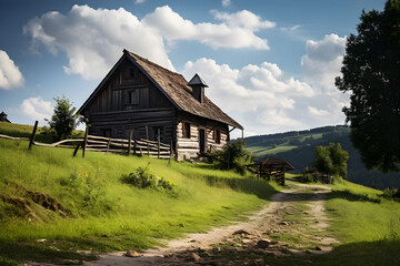 Fototapeta na wymiar Rustic Charm. Old Wooden Farmhouse in a Picturesque Countryside