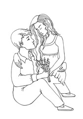 Couple sitting together. Woman and man. Coloring page. Sketch line vector illustration.