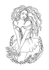 Beautiful girl among flowers. Coloring page. Sketch line vector illustration.
