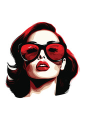 black and white silhouette of woman face with red lips wearing sunglasses,editable,ready to print,design as icon,high quality vector