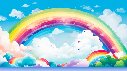 Rainbow sky background with clouds and rainbow. Eps 10 vector file.AI Generated