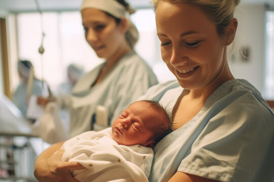 Moments of Tender Care. Nurse Holds Newborn Baby Close to Mother in the Hospital. AI Generative